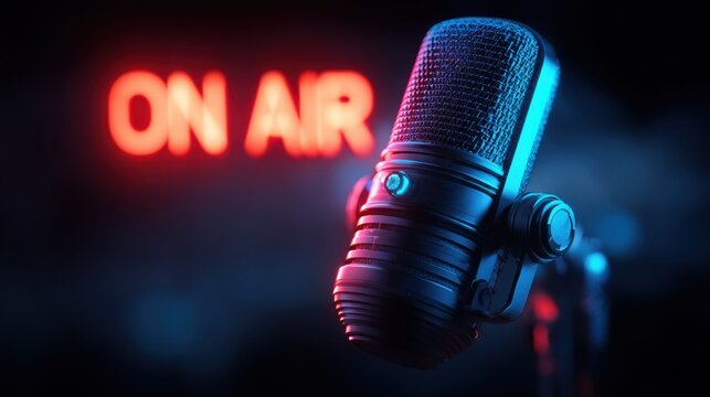 Professional microphone with neon "ON AIR" sign in a dark studio, broadcasting live