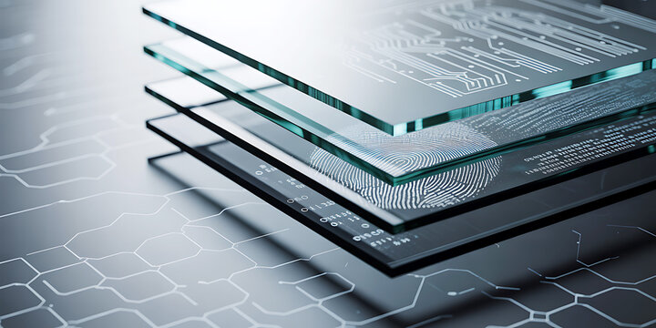 Abstract digital data layers featuring circuit board patterns and fingerprint security integrated within transparent glass surfaces