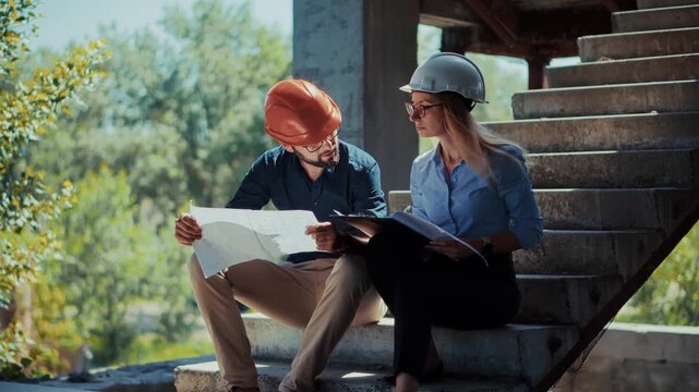 Engineers Reviewing Construction Plans And Documentation At Site. Technical Project Management