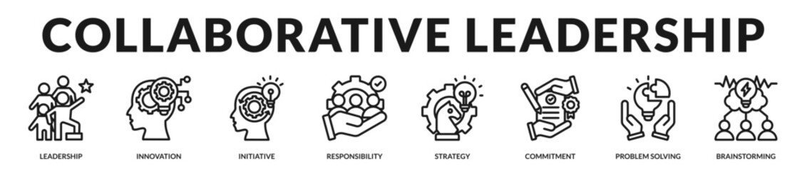 Fototapeta premium Collaborative leadership banner presenting forward thinking direction and empowered team performance in Lineal Icon Style