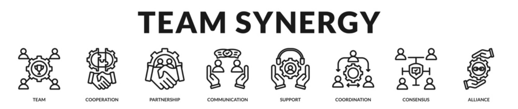 Premium teamwork banner highlighting aligned collaboration and strategic partnership excellence in Lineal Icon Style