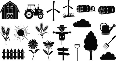 Traditional farm life vector silhouettes set featuring barn tractor windmill hay bales scarecrow wheat sunflower honey bee and gardening tools for rural landscape design © MSTMUNMUN