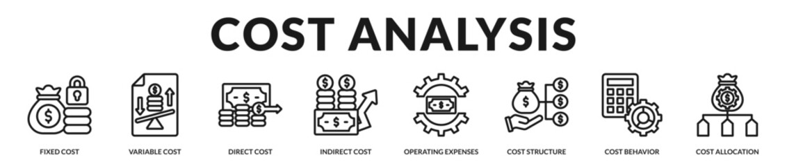 Naklejka premium Cost analysis banner presenting structured expense evaluation and strategic financial control systems in Lineal Icon Style