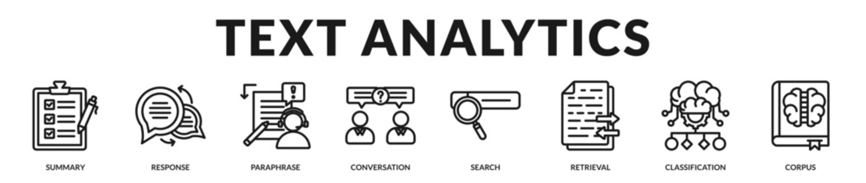 Text analytics banner delivering structured interpretation and intelligent content transformation capabilities in Lineal Icon Style