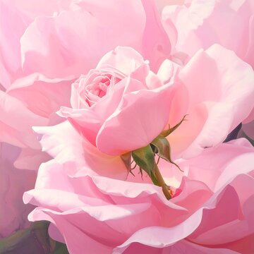 A delicate, soft pink rose in full bloom with lush petals
