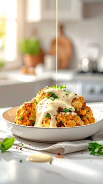 A delicious dish of food being drizzled with sauce