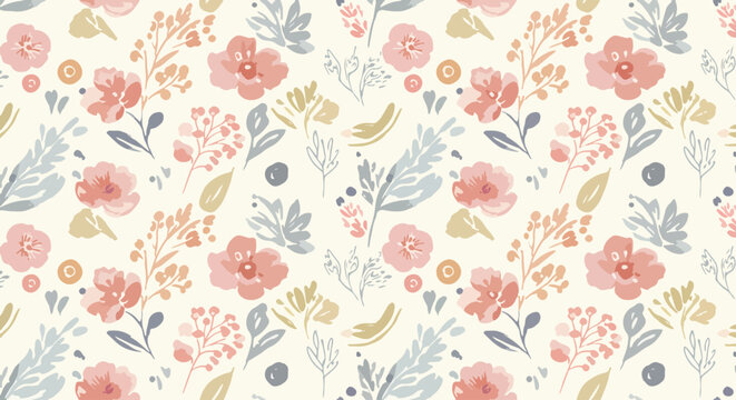 Bright floral pattern inspired by spring gardens with a mix of bold and subtle watercolor textures