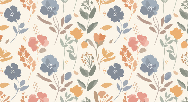 Softly textured botanical illustration combining delicate brush strokes with simple floral silhouettes and shapes