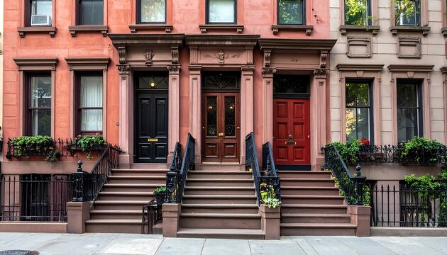 Row of three colorful brownstones with stoops and stairs in an urban neighborhood