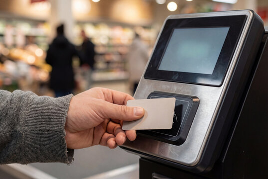 Supermarket shopper uses a contactless card on a payment terminal. Suitable for banking, point-of-sale, and digital commerce content.