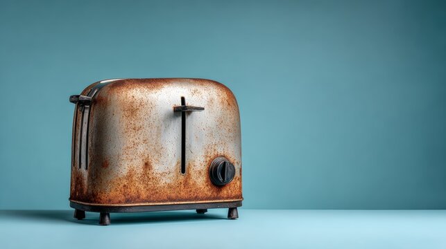 Vintage metal toaster with rusted surface and black dial positioned on a blue background, showcasing its retro design and worn texture