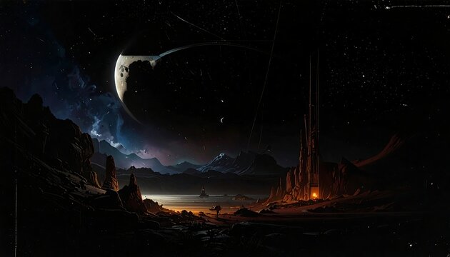 A desolate, dark alien landscape under a large moon