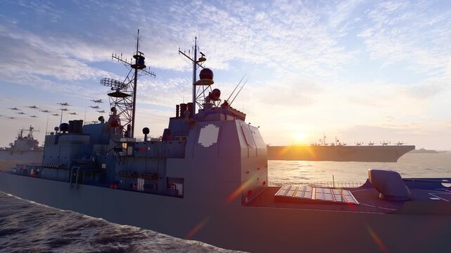 The aircraft carrier fleet sails on the sea(3D software Lumion makes non-AI)
