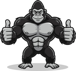 Cartoon muscular gorilla standing upright giving thumbs up confident strong pose, grayscale artwork illustration, animal mascot design, fitness strength branding concept graphic