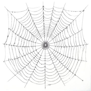A detailed drawing of a spider web with dew drops