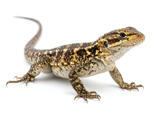 Obraz premium Small, patterned lizard with textured scales and a long tail, isolated on a white backdrop