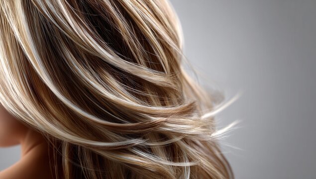 Close-up of healthy, layered blonde and brown hair with subtle highlights and soft lighting
