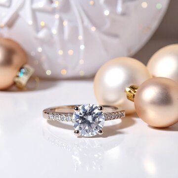 A diamond ring surrounded by Christmas ornaments