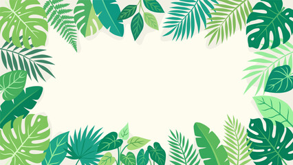 Tropical leaves frame with monstera, palm, and fern leaves. Vector illustration of green exotic foliage border for summer background, banner, and botanical design in flat style © titis rahmandhanu