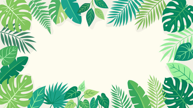 Tropical leaves frame with monstera, palm, and fern leaves. Vector illustration of green exotic foliage border for summer background, banner, and botanical design in flat style