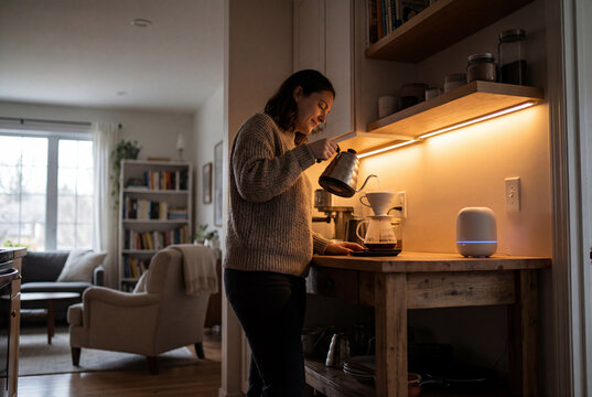 AI assistant device with adaptive kitchen lighting scene. Woman making coffee while only the relevant kitchen area is illuminated guided by adaptive smart lighting