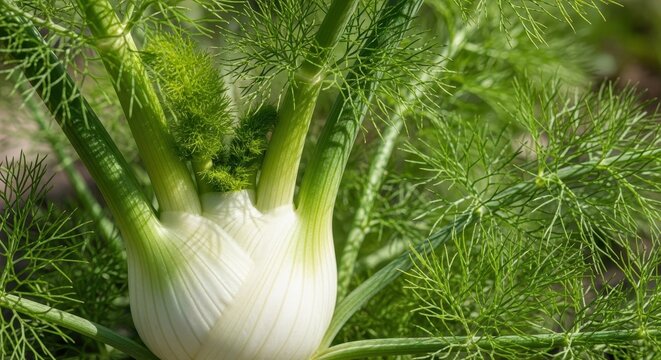 Close up of a healthy fennel plant growing outdoors in bright sunlight, showing the thick white bulb and delicate green, feathery leaves, bulb, culinary, agriculture