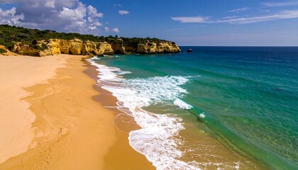 Obraz premium Sandy beach meets azure ocean, golden cliffs rising against a bright blue sky, foaming waves cresting