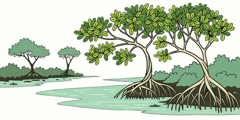 A serene landscape of mangrove trees by the water Vector © MST RABEYA BEGUM