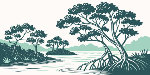 A serene landscape with trees and a body of water Vector © MST RABEYA BEGUM