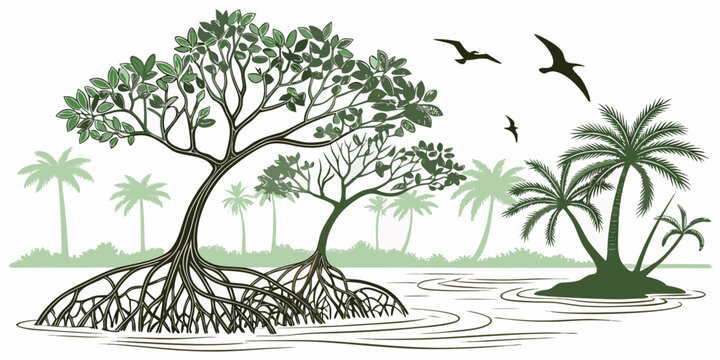 Tropical landscape with tree and birds flying overhead Vector