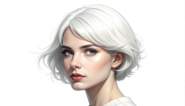 A digital portrait of a woman with short white hair and red lips