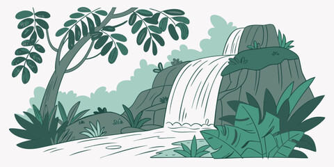 A serene waterfall in a lush tropical jungle with rocks and plants Vector © MST RABEYA BEGUM