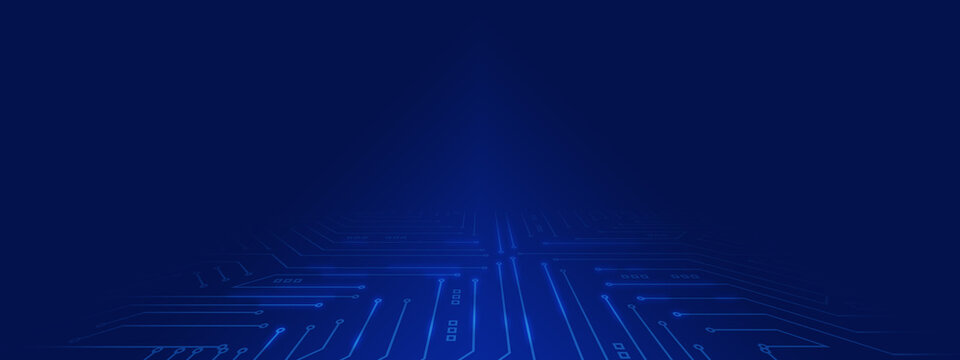 Dark blue technology background featuring a circuit board in perspective with wide copy space above. Glowing digital paths symbolize connectivity data processing, and innovative tech solutions