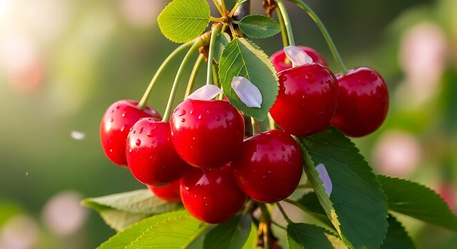 Fresh red cherries hanging on tree branch with green leaves and white petals water droplets