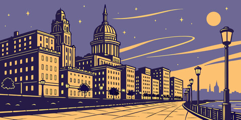 A city skyline at night with a full moon Vector © MST RABEYA BEGUM