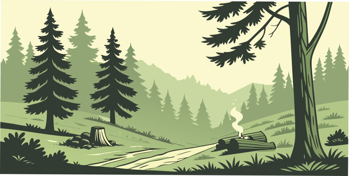 A serene forest landscape with a stream and trees Vector