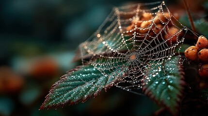 Dew-kissed Spiderweb on Autumnal Leaves