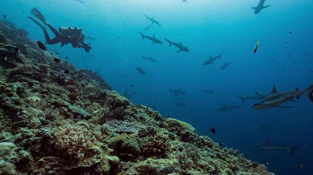 Huge numbers of sharks swim along reef in front of SCUBA diving tourists with underwater cameras in Palau