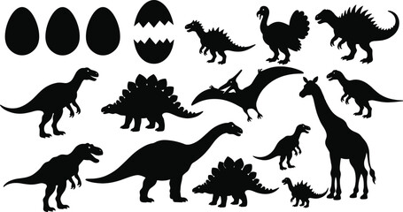 Silhouette collection of dinosaurs, prehistoric animals, cracked dinosaur eggs, giraffe and bird comparison, evolution concept, educational illustration for paleontology and wildlife anatomy learning © MstHanufa