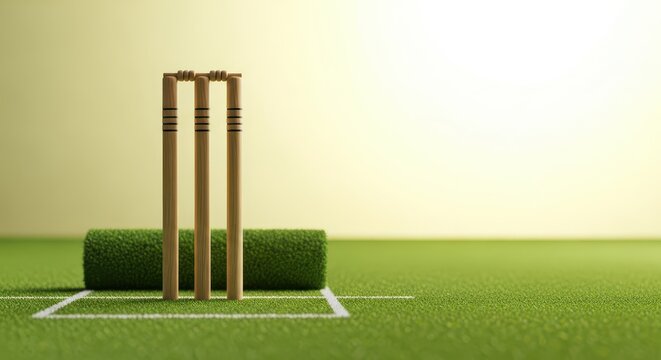 Wooden wickets and bails stand ready on a freshly rolled cricket pitch, capturing the essential setup for a competitive ball game, pitch, action, play