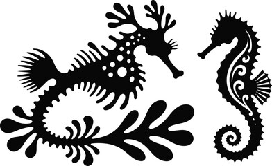 Stylized silhouette illustration of leafy sea dragon and traditional seahorse with artistic marine design elements, abstract aquatic patterns, decorative swirls, underwater fantasy artwork © MstHanufa