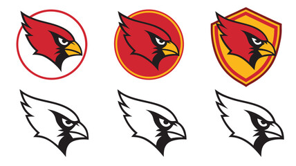 Obraz premium Vector illustration of Cardinal Bird Head Logo Set - Red, Yellow, Black and White Graphics