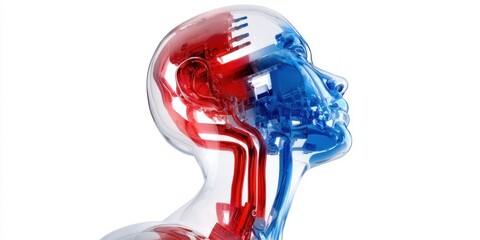 Obraz premium Transparent human head model showing red and blue circulatory system on white background