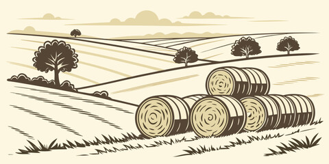 A rural landscape with hay bales in a field Vector © MST RABEYA BEGUM