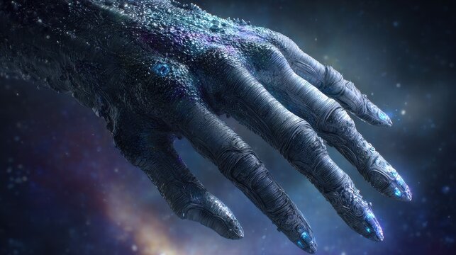 3D-rendered extraterrestrial hand with bioluminescent fingertips in a cosmic close-up