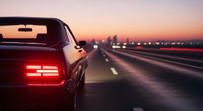 AI PHOTO - Vintage scene of a sedan car with glowing backlights, going through a metropolitan highway road at warm colored sunset
