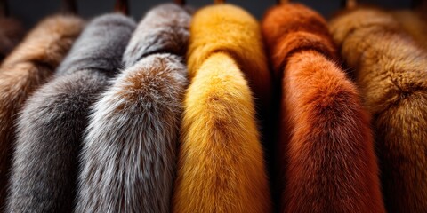 Fototapeta premium Close-up view of luxurious, colorful fox fur pelts hanging in a row