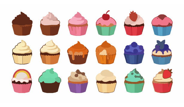 Cute cartoon cupcakes vector set with chocolate pink cream cherry and strawberry muffins collection