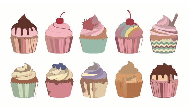 Hand drawn cartoon cupcake muffins set with chocolate pink cream strawberry and cherry toppings