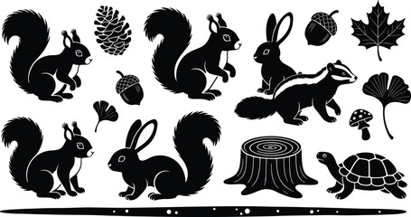 Woodland animal silhouette set featuring squirrels, rabbits, chipmunk, turtle, and forest elements like pine cones, acorns, leaves, mushrooms, and a tree stump on white. © MstHanufa